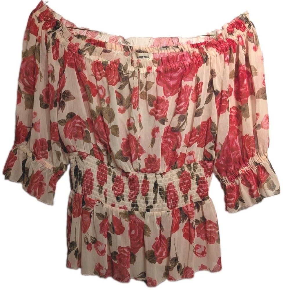 L'AGENCE Blouse Women L Floral Off Shoulder Sheer 3/4 Sleeve Smocked Peep Front